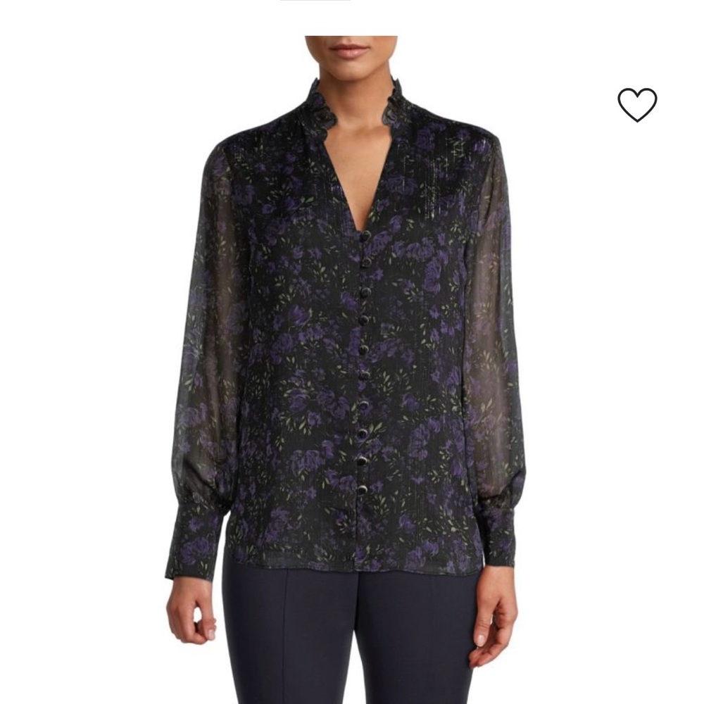 Elie Tahari Whimsical Black and Purple Floral Blouse-‎ Size XS
